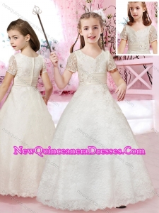 2016 Lovely A Line V Neck Short Sleeves Applique Little Girl Pageant Dresses in Lace