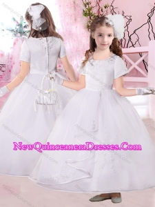 2016 Fashionable Ankle Length Applique Little Girl Pageant Dresses with Short Sleeves