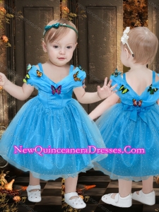 Beautiful Off the Shoulder Tea Length Cute Little Girl Pageant Dresses with Colorful Butterfly