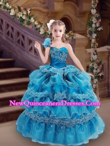 Elegant One Shoulder Applique and Ruffled Cute Little Girl Pageant Dresses in Blue