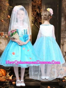 Fashionable Tea Length Scoop Sequined Cute Little Girl Pageant Dresses in Blue and White