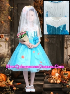 New Style Blue and White Cute Little Girl Pageant Dresses with Sequins and Handcrafted Flower