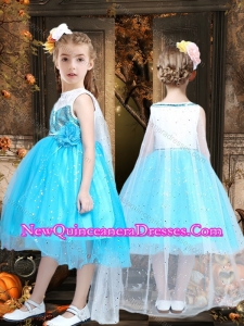 Popular Blue and White Cute Little Girl Pageant Dresses with Tea Length