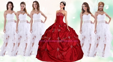 Lovely Taffeta Applique and Beaded Red Quinceanera Dress and Asymmetrical White Dama Dresses