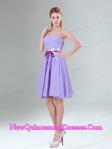 Decent Lavender Ruched Mini Length Dama Dresses with Bowknot Sash