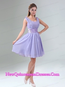 Perfect Straps Lavender Ruched Mini Length Dama Dresses with Waistband