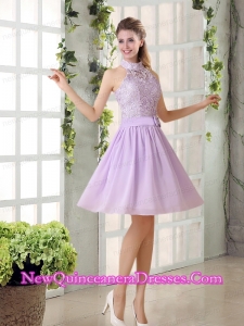 High Neck Lilac A Line Lace Dama Dresses Chiffon for 2015