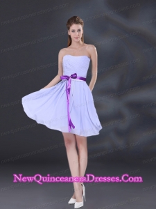 Ruching and Belt Chiffon Dama Dresses in Lavender