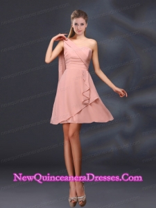 2015 One Shoulder Ruching Chiffon Dama Dresses in Pink
