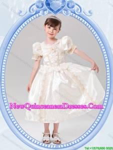 Puffy Scoop Halloween Tea-length Short Sleeves Little Girl Pageant Dress in White