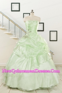 2015 Cheap Beading Strapless Yellow Green Quinceanera Gowns