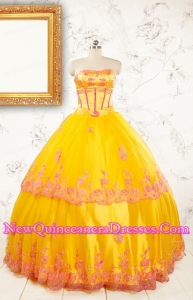 2015 Gold Strapless Beautiful Quinceanera Dresses with Appliques