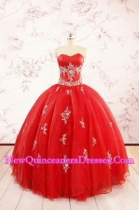 2015 Most Popular Red Puffy Quinceanera Dresses with Appliques