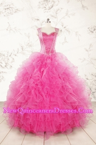 2015 Pretty Straps Hot Pink Quinceanera Dresses with Beading