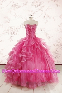 Hot Pink Sweetheart Beading 2015 Quinceanera Dresses with Brush Train