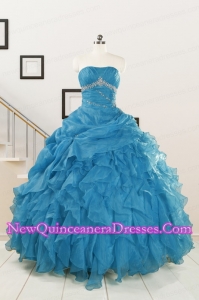 2015 Elegant Strapless Blue Quinceanera Dresses with Beading and Ruffles