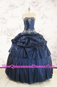 Cheap Navy Blue 2015 Quinceanera Dress with Embroidery and Pick Ups