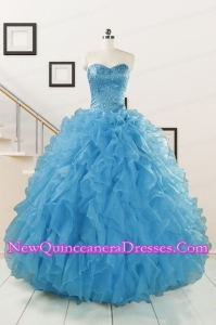 2015 Hot Sell Beaded Quinceanera Dresses Ruffled in Blue