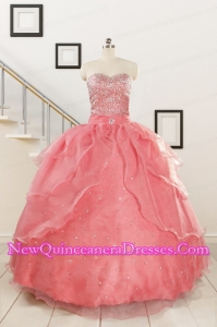 2015 Watermelon Sweetheart Beading Appliques Ball Gown Sweet 16 Dresses