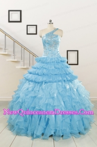 2015 Baby Blue One Shoulder Sweet 15 Dresses with Beading