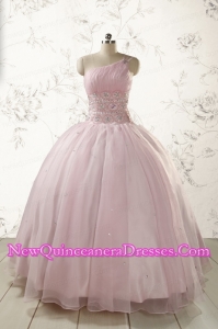 2015 One Shoulder Beading Light Pink Quinceanera Dresses