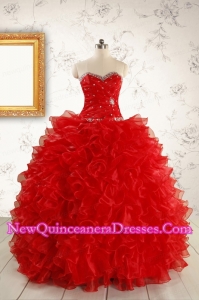 Pretty Ball Gown Sweetheart 2015 Red Quinceanera Dresses with Beading