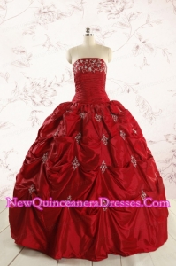 Discount Strapless Wine Red Appliques Quinceanera Dresses for 2015