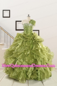 Inexpensive Olive Green Dresses for Quince with Beading and Ruffles