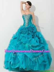 Princess Teal Sweet 16 Dress with Beading and Rolling Flowers