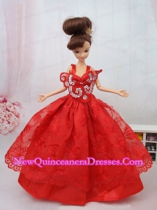New Beautiful Ball Gown Red Lace Handmade Party Clothes Fashion Dress for Noble Barbie