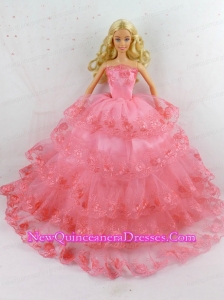 Elegant Handmade Gown With Ruffled Layers and Embroidery Made To Fit the Barbie Doll