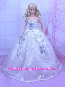 Elegant White Gown With Embroidery and Sequins Made to Fit the Barbie Doll