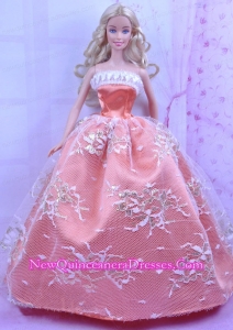 Luxurious Orange Dress With Appliques Made to Fit the Barbie Doll