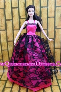 Gorgeous Hot Pink and Black Lace Gown For Barbie Doll