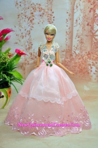 Luxurious Baby Pink Appliques With Flooe-length Wedding Dress For Barbie Doll