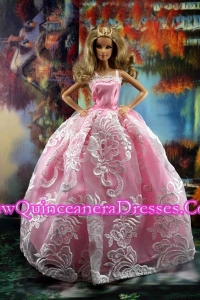 New Embroidery Fashion Princess Pink Dress Gown For Barbie Doll
