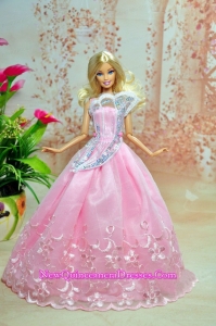 Pink Lovely Party Dress For Barbie Doll Dress With Embroidery