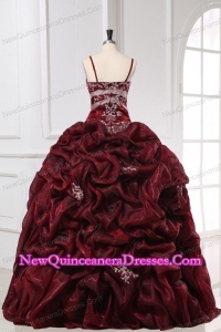 Burgundy Spaghetti Straps Appliques and Pick-ups Long Quinceanera Dress