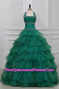 Green Halter Top Beading and Ruffles Layered Quinceanera Dress