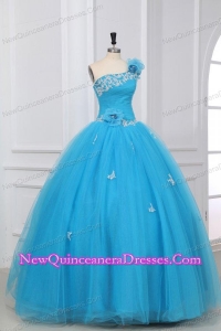 Appliques and Hand Made Flowers One Shoulder Quinceanera Dress in Aqua Blue