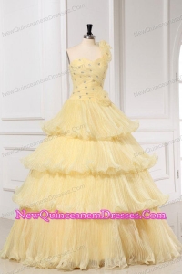 Light Yellow One Shoulder A-line Quinceanera Dress with Beading and Pleats
