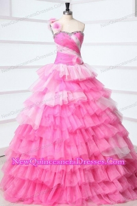 One Shoulder Beading and Ruffles Layered Quinceanera Dress in Pink