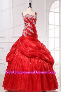 Red Organza Appliques Long Quinceanera Dress with One Shoulder