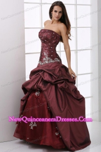 A-line Burgundy Strapless Beading and Appliques Quinceanera Dress