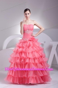 Appliques and Ruffles Layered Strapless Watermelon Quinceanera Dress