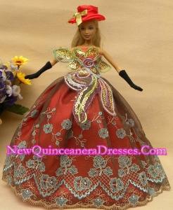 Pretty Appliques Rust Red Strapless Party Clothes Fashion Dress for Noble Barbie