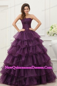 Strapless Beading and Ruffles Layered Quinceanera Dress in Dark Purple