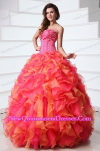 Strapless Beading and Ruffles Quinceanera Dress in Red and Orange Red