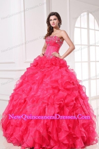 Strapless Organza Coral Red Quinceanera Dress with Beading and Ruffles