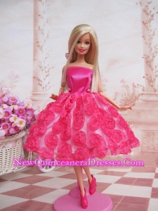 Sweet Ball Gown Hot Pink Hand Made Flowers With Tea-length Made to Fit the Barbie Doll